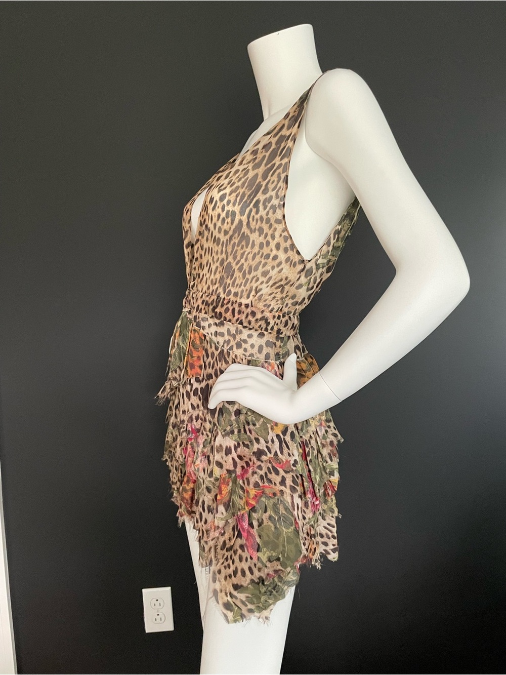 Roberto Cavalli S/S 2002 Vintage Runway Look #4 Multi Tiered Leo Mini Dress XS - Picture 3 of 10